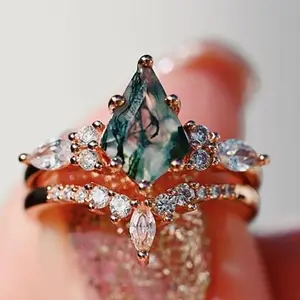 Natural Green Moss Stone Aquatic Agate High-Quality Women's Two-Piece Wedding Ring Set chain men cuban link