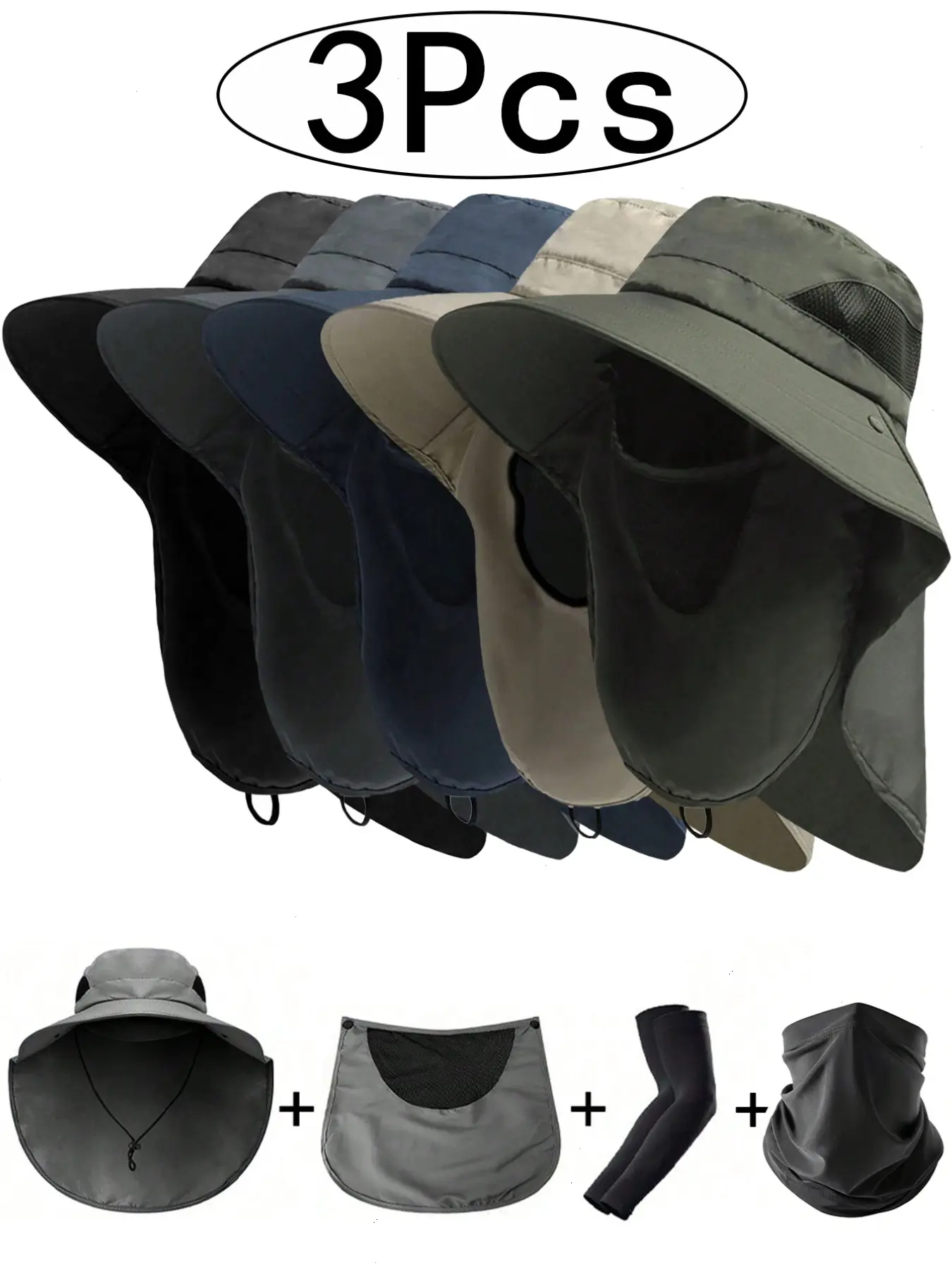 3Pcs0 Multifunctional Sun Protection Set, Breathable UV-Blocking Hat, Detachable Cape, Summer Cycling Cap, Outdoor Sunscreen Headwear, Sunscreen Leisure Hat, Sports Outdoor Hats, Sun Visor Hat