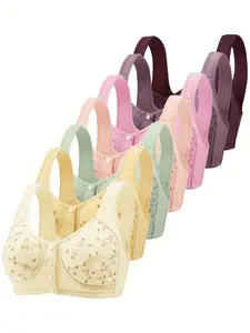[Plus Size] 2/3/4/5/7 Pieces Floral Print Wireless Bra, Casual Soft and Gentle Colors Elegant Comfort Front Closure Bra, All-Season Womens Plus Size Lingerie