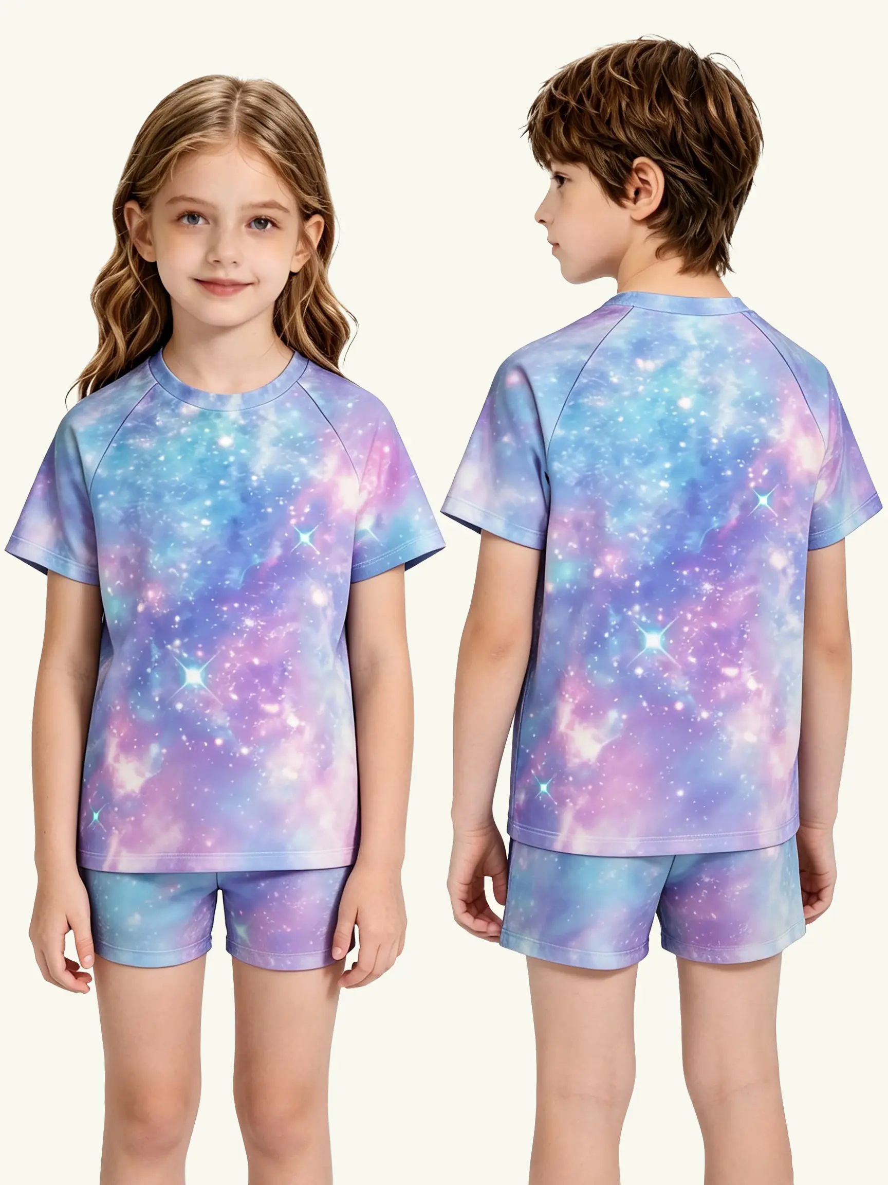 Kids' 2-Piece Mermaid Scale Wetsuit Set, Gradient Glittery, Stretchy, Quick-Drying Top & Shorts for Diving,swimming