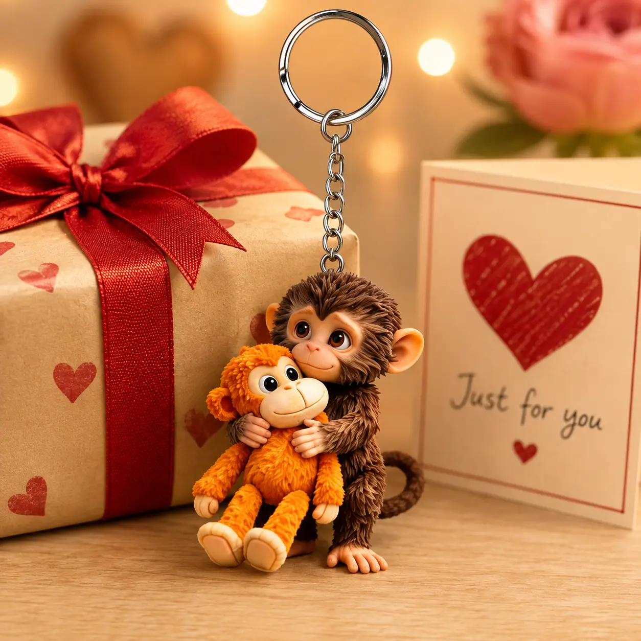 Cute Monkey Pair Keychain – 3D Hugging Animal Bag Charm, Cartoon Plush Key Ring Pendant for Backpack Purse Handbag Keys