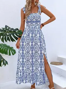 Elegant Floral Bow Boho Dress for Women, Summer Casual Fitted Maxi Dress, Split Thigh Beach Vacation, Perfect for Outdoor Wear