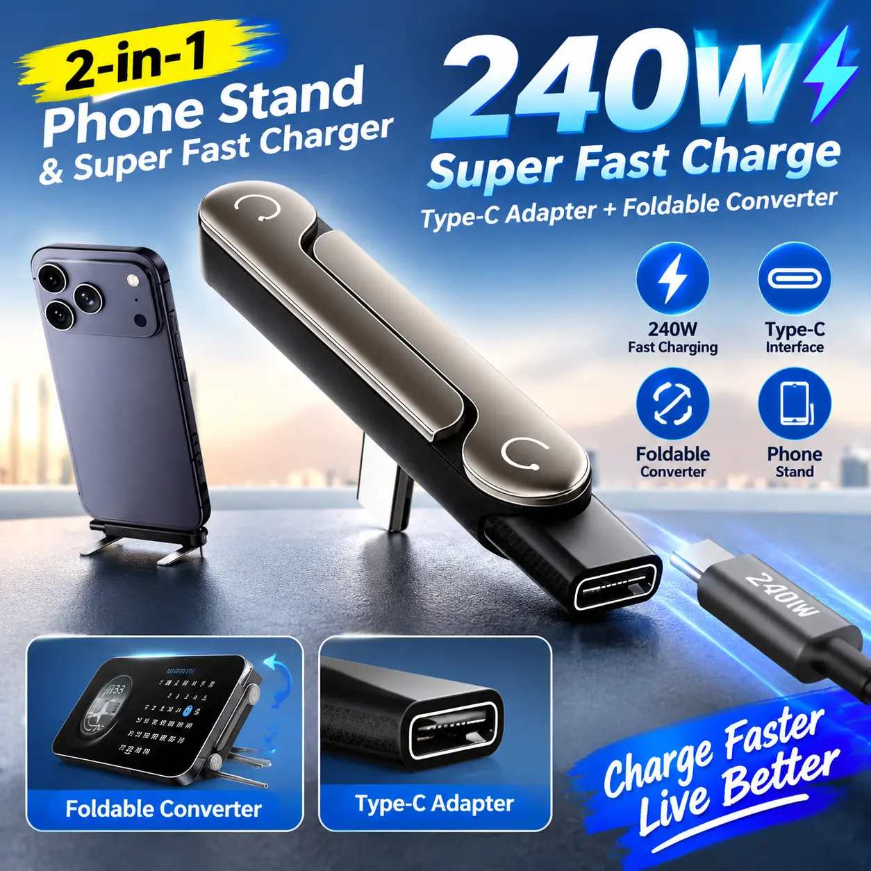 2‑in‑1 Foldable Type‑C Adapter,240W Fast Charging Converter,90‑Degree Elbow Phone Charger Connector With Portable Phone Stand & Lanyard