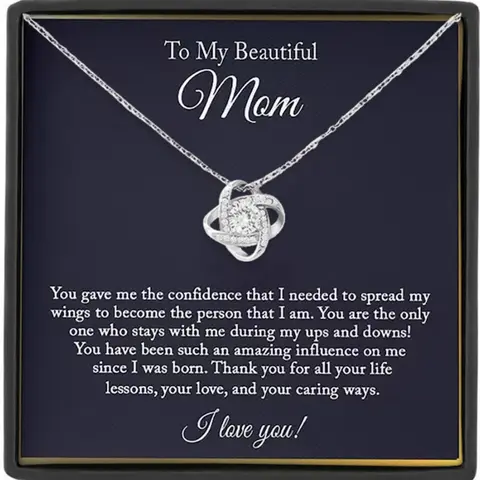 Mother's Day Gift to My Beautiful Mom Knot Pendant Necklace, Boho Style Necklace, Cubic Zirconia Necklaces, Boho Stainless Steel Chain Exquisite Jewelry Gift, Includes Gift Box and Meaningful Card