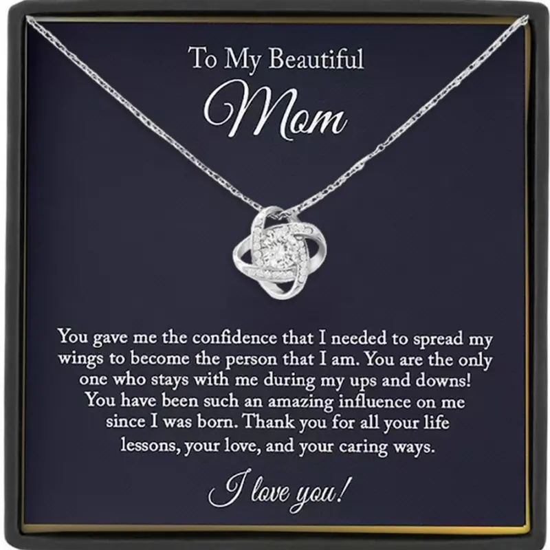 Mother's Day Gift to My Beautiful Mom Knot Pendant Necklace, Boho Style Necklace, Cubic Zirconia Necklaces, Boho Stainless Steel Chain Exquisite Jewelry Gift, Includes Gift Box and Meaningful Card