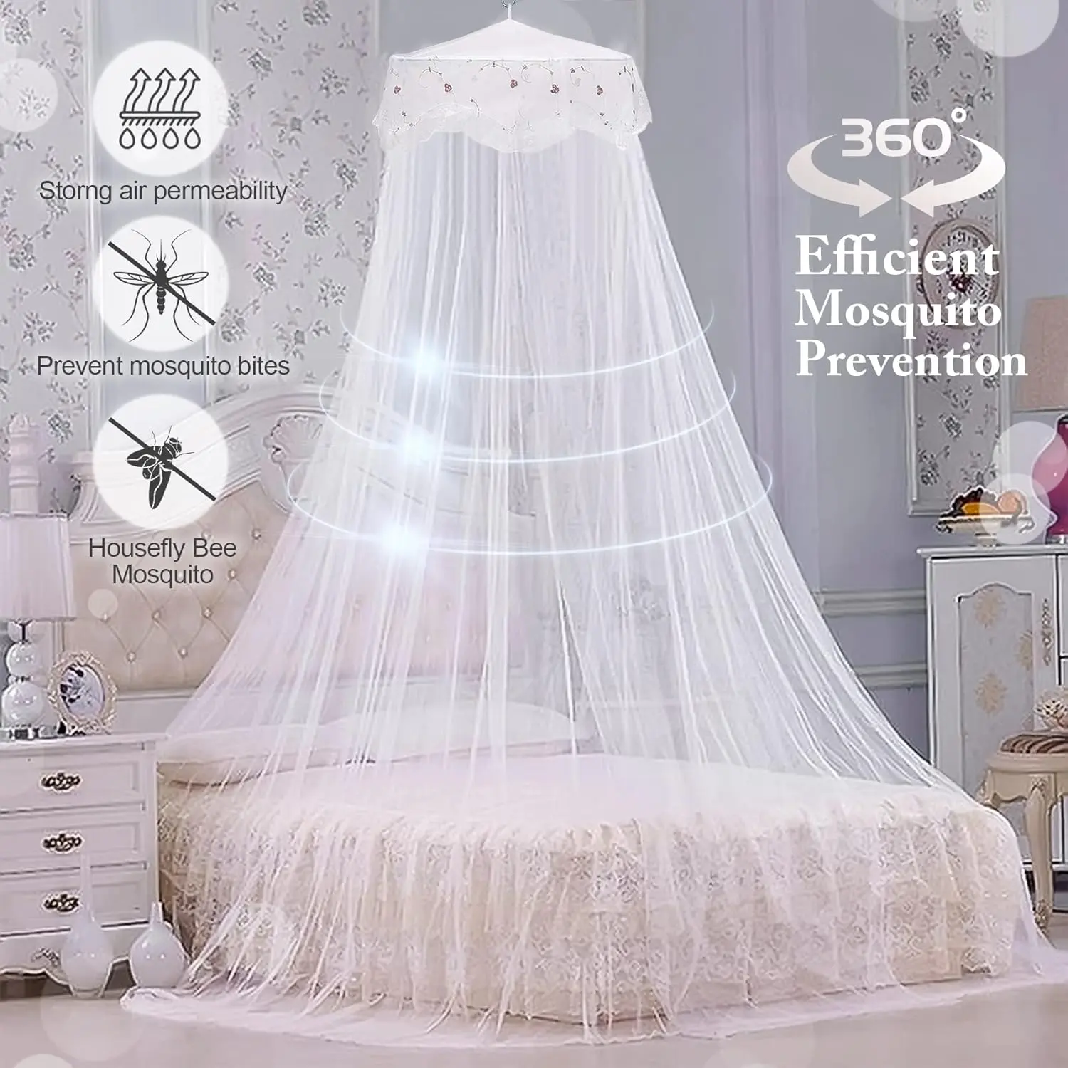 Bed Canopy for Girls, Princess Canopy Bed Curtains for Twin to King Size Bed, Canopy for Bed Baby Kids Adult, Bed Netting Canopy for Bedroom Decor Reading Nook, Summer for Outdoor Camping, White Felt Fabric