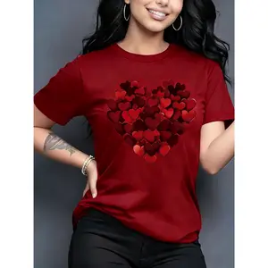 100% pure cotton, multiple colors available, heart pattern women's fashion casual T-shirt, short sleeve round neck top, Valentine's Day gift, birthday gift, travel vacation, party, sweet and elegant