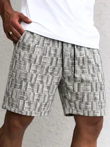 Men's Summer Fashion Plaid Corduroy Shorts, Drawstring, Casual, Comfortable, Ideal for Vacation, Beach, Daily Wear, Street Style