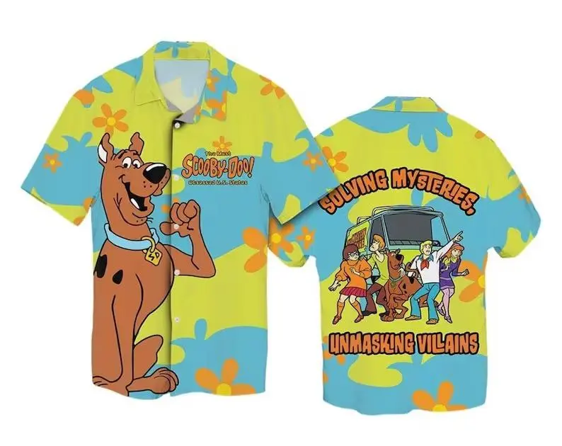 Scooby Doo Solving Mysteries Unmasking Villains Groovy Floral Hawaiian Shirt Fan Merch Streetwear Casual Loose Comfortable Spring Summer Fall Gym Sports Retro Cartoon Lover Nostalgic Gift Buttondown Top, Girf for Son and Daughter