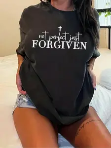 Cross Letter Print Drop Shoulder Tee, Casual Half Sleeve Round Neck T-shirt for Summer, Women's Plus Clothing for Daily Wear