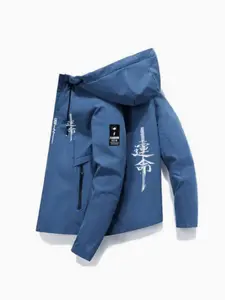 Men's Fashion Japanese Samurai Print Hooded Zipper Windbreaker Jacket, Long Sleeve, Outdoor Sports, Spring Fall