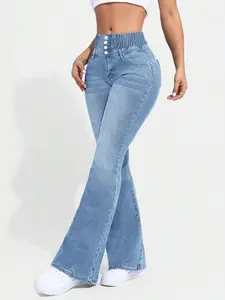 Women’s high-waisted jeans with four buttons, gathered waist, flared legs, light blue, slimming, seamless apron belly