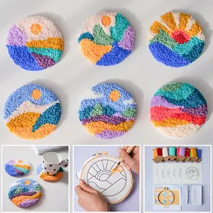 A Set of 6 Material Packages, Scenic Landscape Punch Needle Kit with Coasters, Complete Embroidery Starter Set for Beginners
