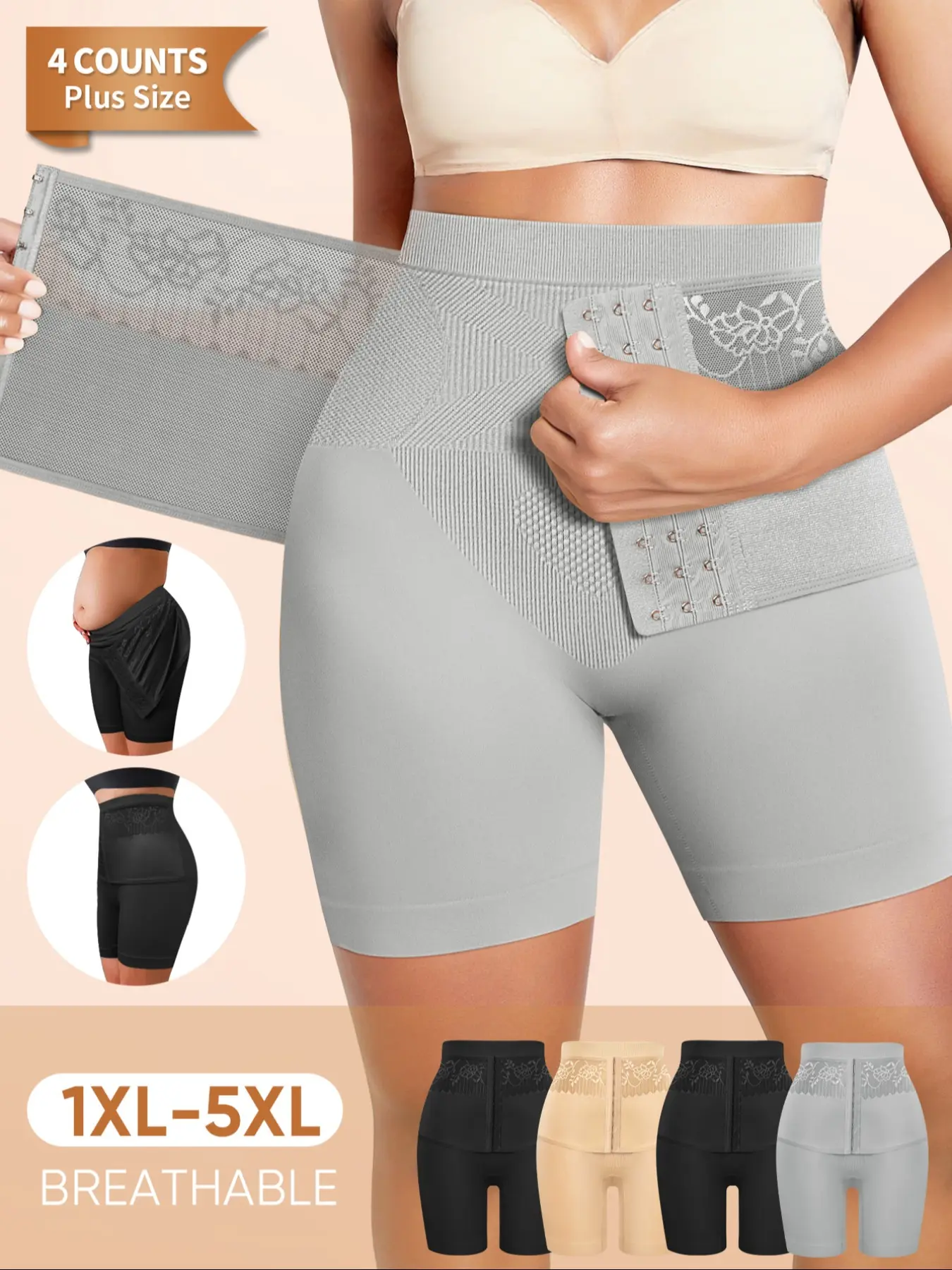 Morelect 4-Pack Plus Size Waist Cincher Pants, 1xl-5xl, Breathable Fabric, Lace Trim, Tummy Control, Butt Lifting, Perfect Curve