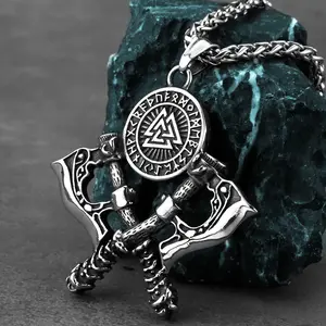 HNSP 316L Stainless Steel Double Axe Viking Pendant Chain Necklace For Men Vintage Jewelry Punk Accessories