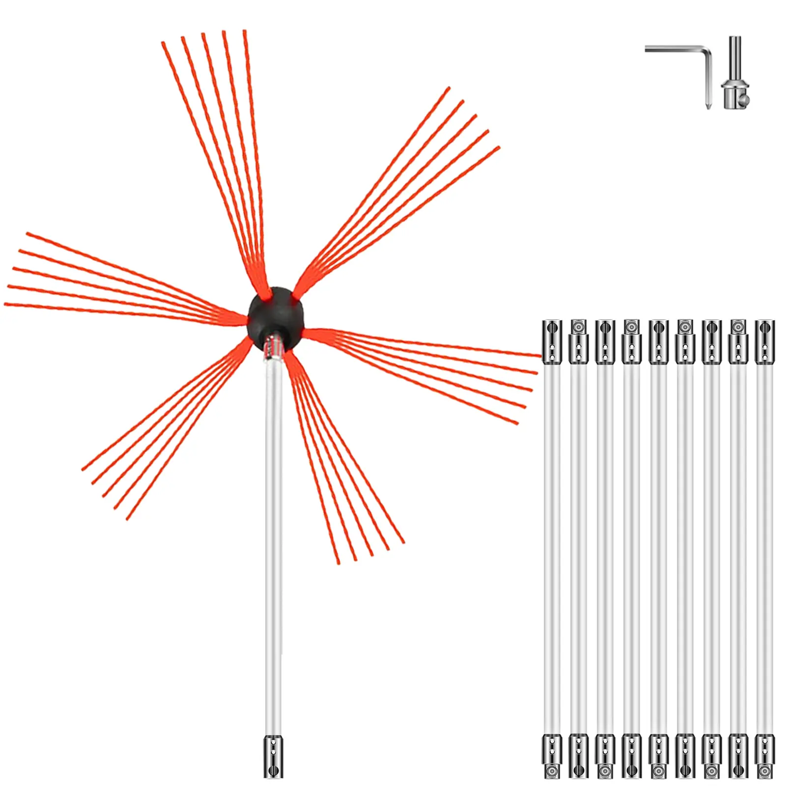 【Summerfinds】VEVOR Heavy Duty Chimney Sweep Kit, 33FT (10m) 10 Durable Nylon Flexible Rods, 39.4in Rectangle Brush, Power Drill Compatible, Easy to Clean, Effortless to Rotate, Handsweeping Fireplace Tool Parts