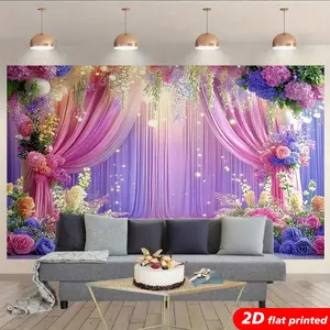 2D Flat Printed Polyester Purple Pink Floral Tapestry Wall Hanging - Decorative Fairy-Themed Romantic Home Decor, Lightweight Room Gift, Photo Booth Studio Prop Backdrop