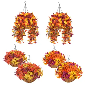 2Pcs Artificial Hanging Flower Baskets for Fall/Autumn, UV Resistant Daisies/Pansies/Trailing Morning Glories Arrangement, No Maintenance Fall Decor for Porch Patio Balcony Yard summerwins