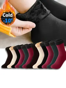 4 Pairs Mixed Colors Thick Fleece Lined Mid-Calf Leg Socks, Unisex Sporty Style Floor Socks, Warm All Season Footwear