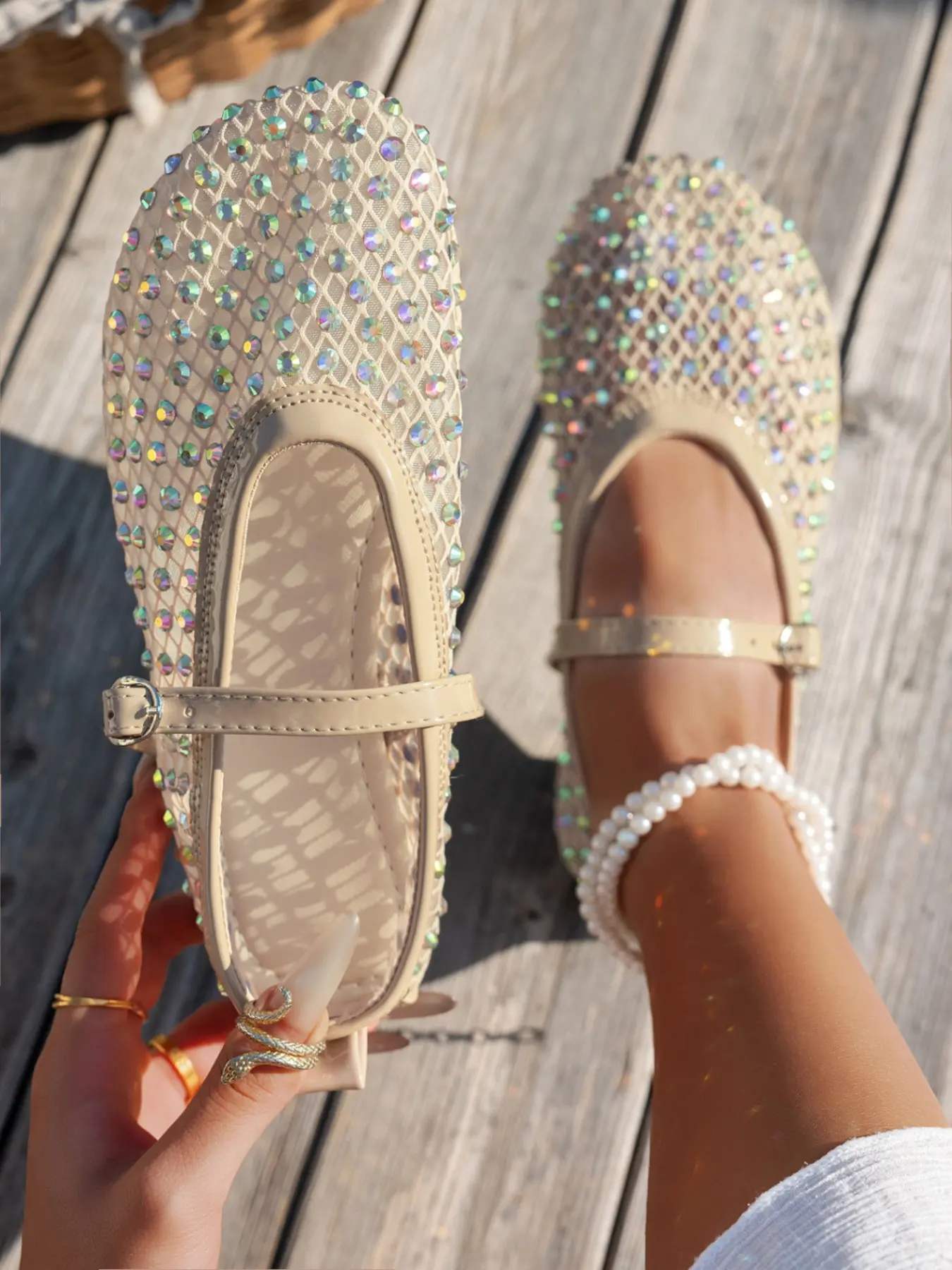 Women's Mesh Breathable Rhinestone Slip-On Round Toe Flat Shoes, Casual Textile Upper Rubber Sole, Perfect for Parties Weddings Summer, Versatile Shoes, Fashionable Flats