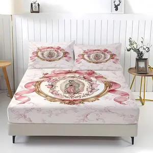 Pink Bow Virgin Mary Fitted Sheet Set, 1 Fitted Sheet + 2 Pillowcases, Coquette Floral Guadalupe Print Bedding, Soft Comfortable Breathable Microfiber, All Season Use, Deep Pocket Non-Slip, Wrinkle & Fade Resistant