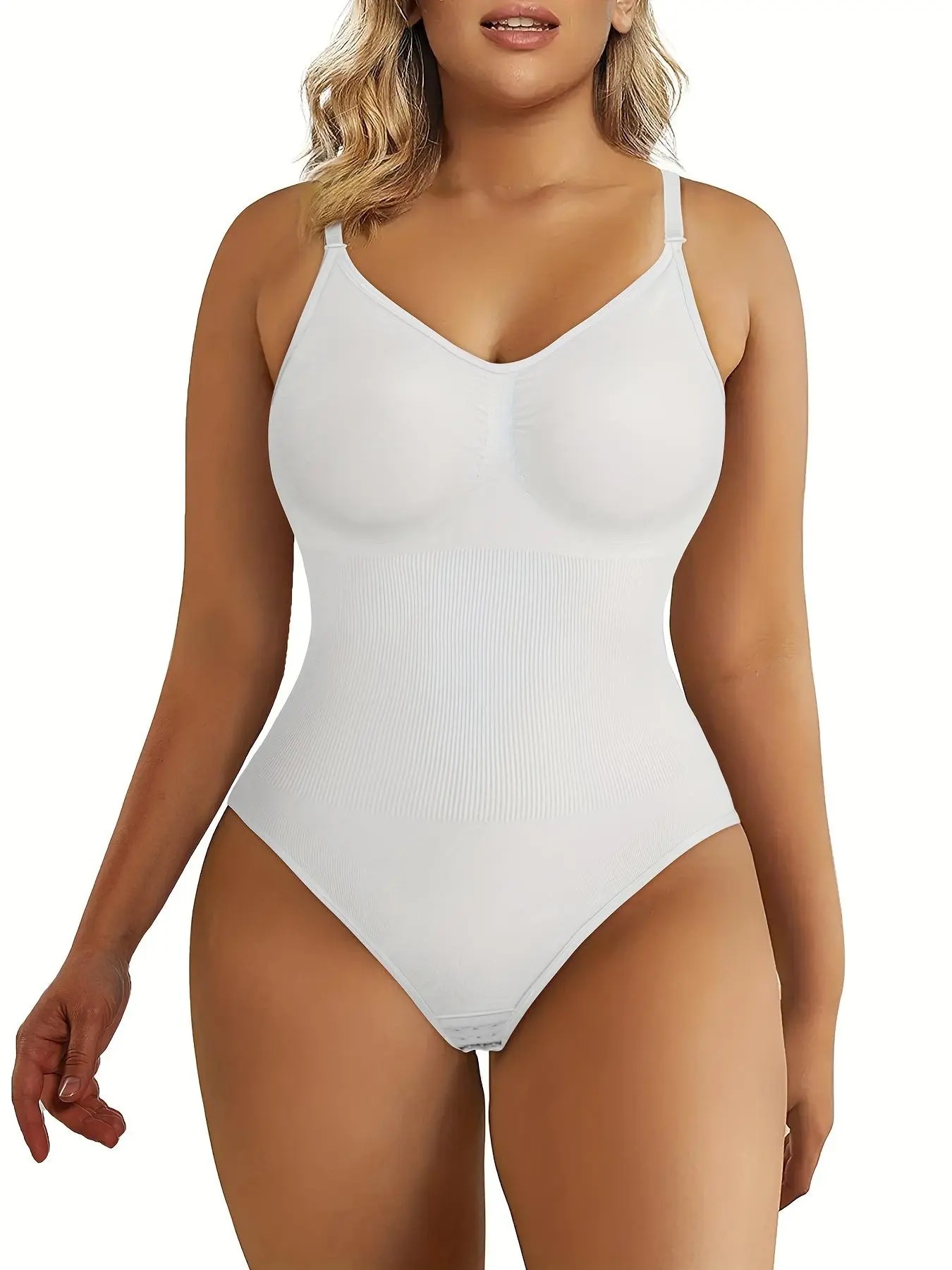 Women's Solid Open Crotch Design Shapewear Bodysuit, V Neck Adjustable Strap Tummy Control Curve Hugging High Compression Shaper, Casual Women's Fashion Shapewear for All Seasons