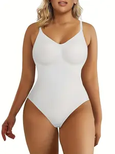 Women's Solid Open Crotch Design Shapewear Bodysuit, V Neck Adjustable Strap Tummy Control Curve Hugging Compression Shaper, Casual Women's Shapewear for All Seasons
