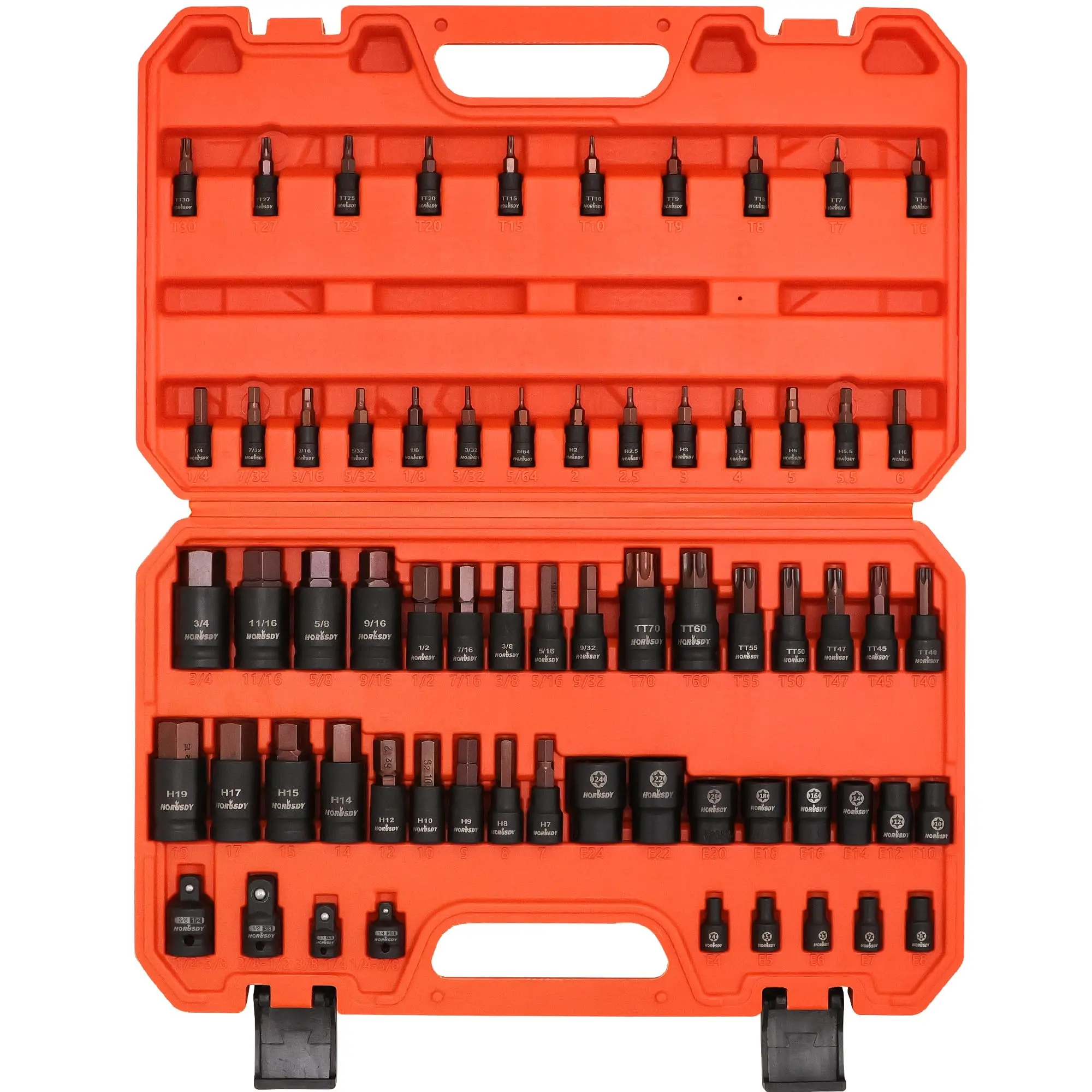 HORUSDY 66-Piece Torx Bit & Hex Bit Socket Set-  S2 Steel Socket SAE and MM - Star Star Bits (T8- T70) and Female E-Torx Sockets (E4-E24) | 4 Impact Socket Adapter multifunctional toolbox for Automotive Mechanic