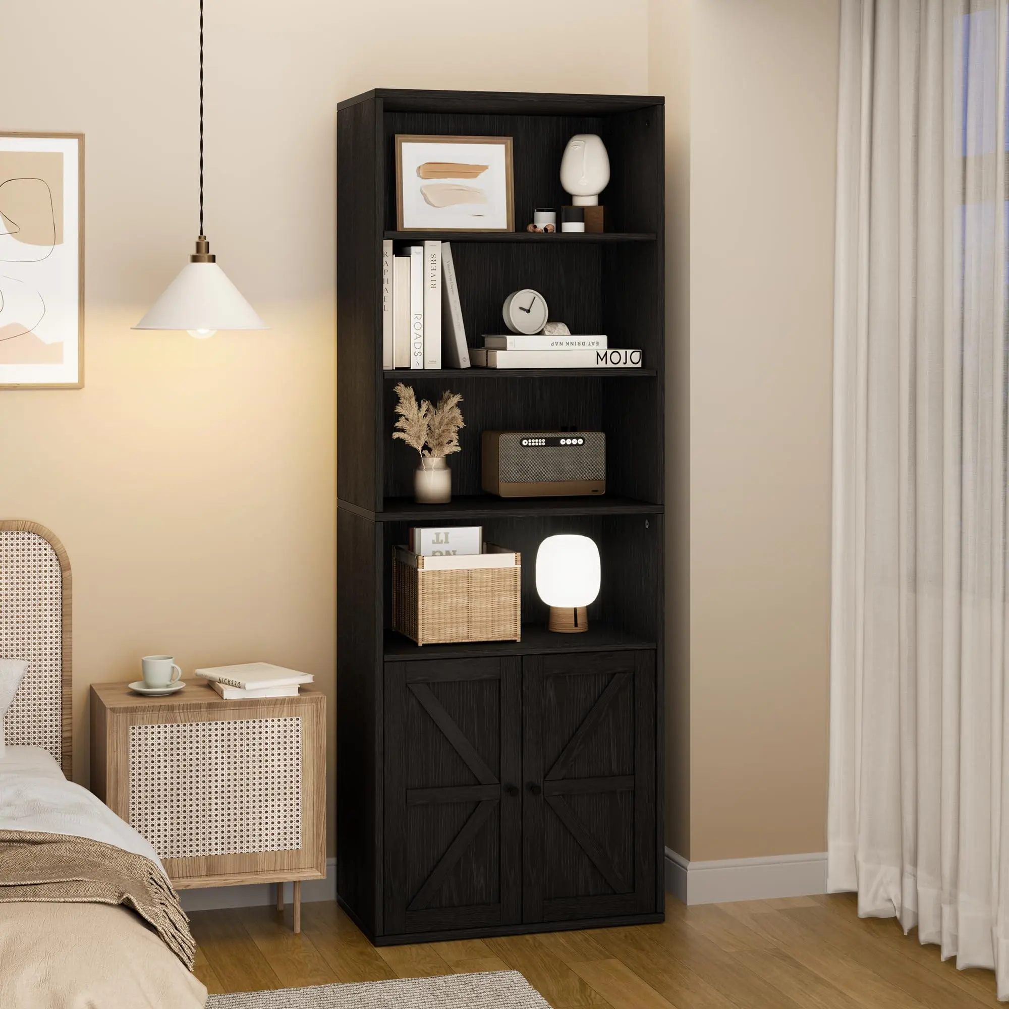Black Bookcase with Doors Industrial Bookshelf 11.8in Depth Display Storage Shelves 71.4in Tall Farmhouse Bookcases Wooden 6 Shelf Bookshelvels for Bedroom,Living Room,Home Office