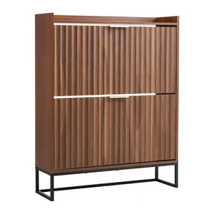 【fathersdaygift】VEVOR Shoe Cabinet with 2 Flip Drawers,Mid-Century Shoes Storage Cabinet with Anti-Tipping DeviceFreestanding Fluted Shoe OrganizerIdeal for EntranceHallwayBedroomLiving RoomWalnut