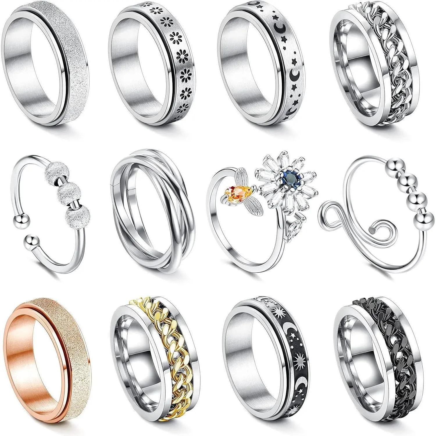 BY-ARE3 16 PCS Anxiety Ring Fidget Ring Spinner Ring Spinning Ring Fidget Rings for Anxiety