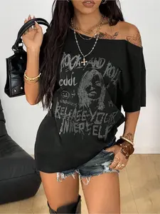 Vintage Street Style Letter Face Print Sexy Off-Shoulder Loose T-Shirt Top for Women, Summer & Fall, Casual, Trendy, Versatile, Streetwear