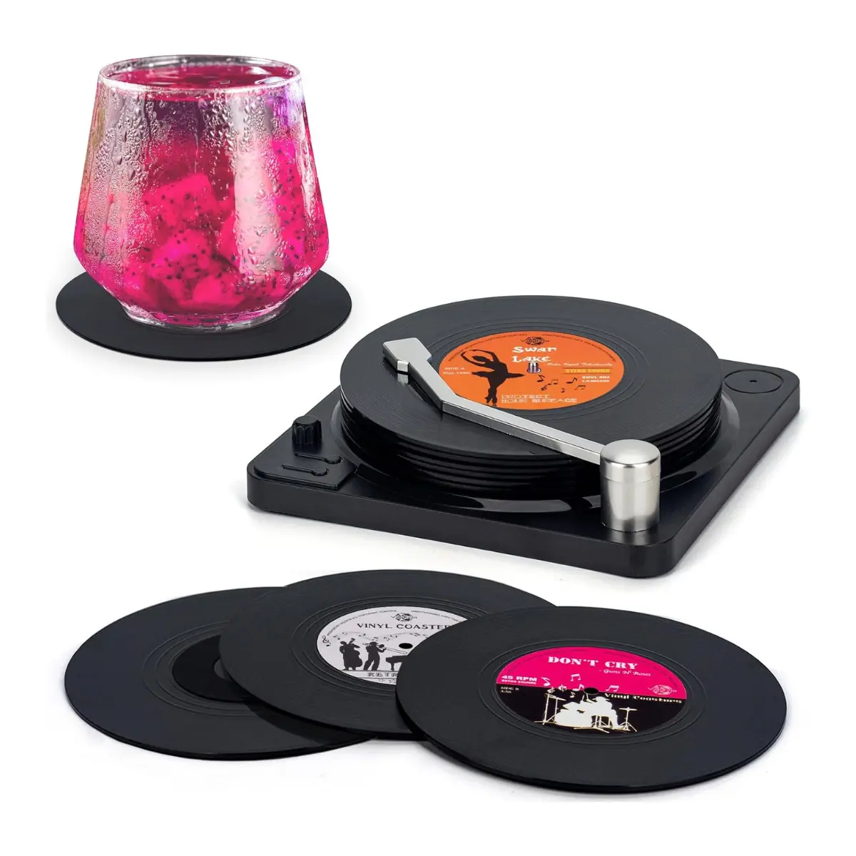 Vinyl Record Coasters Set of 6, Retro Music Coasters with Record Player Holder