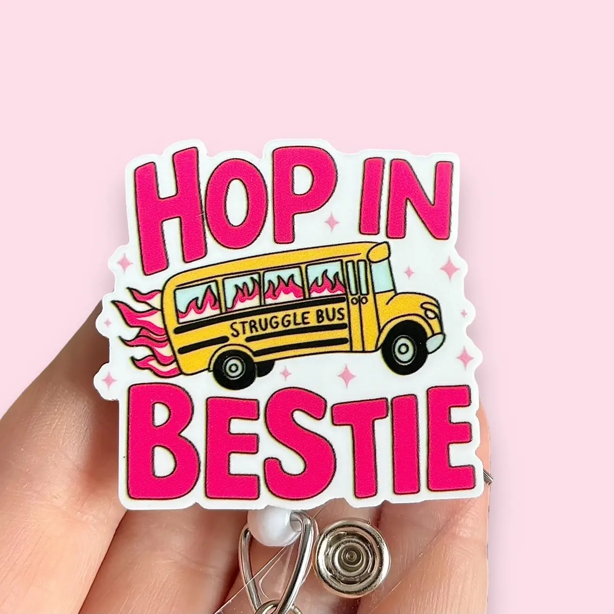 Glitter My Badge Hop in bestiestruggle bus badge reel for nurse and hospital workers. Badge clip Badge pull - Retractable swivel clip with a 360 rotation. Great gift for coworker.