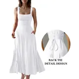 OYS Women's Casual Sleeveless Square Neck A-Line Solid Slim Flowy Long Dress with Pockets & Back Tie Detail Design