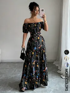 Fashion Floral Off-Shoulder Long Dress, Womenswear, Bubble Sleeves & Waist Slit Design, Perfect Summer, Boho Style, Bohemian, Ideal for Vacation & Romantic Nights