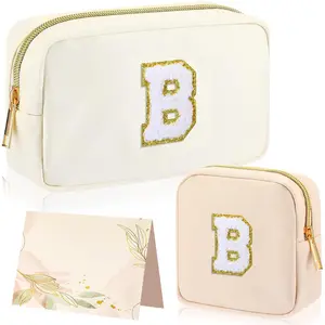 Monogram Makeup Bag 2 count Preppy  Bag Bridesmaid  Bachelorette Party Favors Personalized Birthday  for Women Initial Toiletry Packet Nylon Chenille Letter Pouch(Letter B)