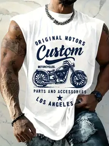 Men's Vintage Motorcycle Print Sleeveless T-Shirt, Loose Fit Casual Vest, American Street Style Short Sleeve Top, Streetwear, Menswear