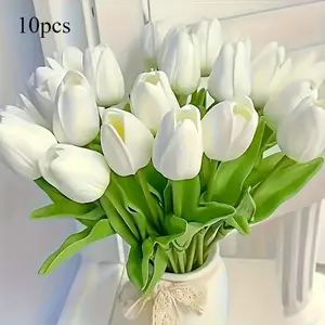 10pcs White Tulip Artificial Flowers with Stems, Genuine Touch PU Tulips, Suitable for Home, Office, Party, Spring Wreath, Wedding Bouquet, Centerpiece, Dining Table Decoration