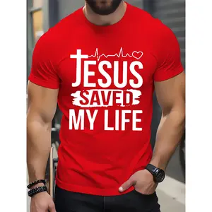 Men's "JESUS SAVED MY LIFE" Graphic T-Shirt with Heartbeat Line & Cross Design - Vibrant Red Casual Short Sleeve Tee, Regular Fit Summer Top for Casual Attire