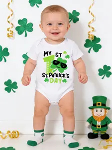 Newborn St Patrick's Day Cartoon Print Casual Romper Short Sleeve, Cute Baby Clothes for All Seasons, Fitted Above the Knee Style, Letter Print Bodysuit