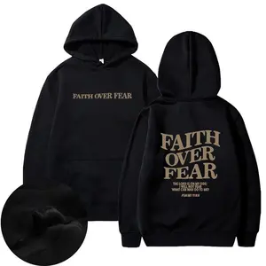 Faith Over Fear Pullover Hoodie Christian Religious Sayings Letters Printed Sweatshirt Casual Top