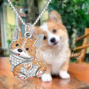 Sparkling Exquisite Cute Corgi Cubic Zirconia Alloy Necklace – Adorable Peach Dog Charm Jewelry Gift for Women, Girls, Dog Lovers, Unique Creative Design