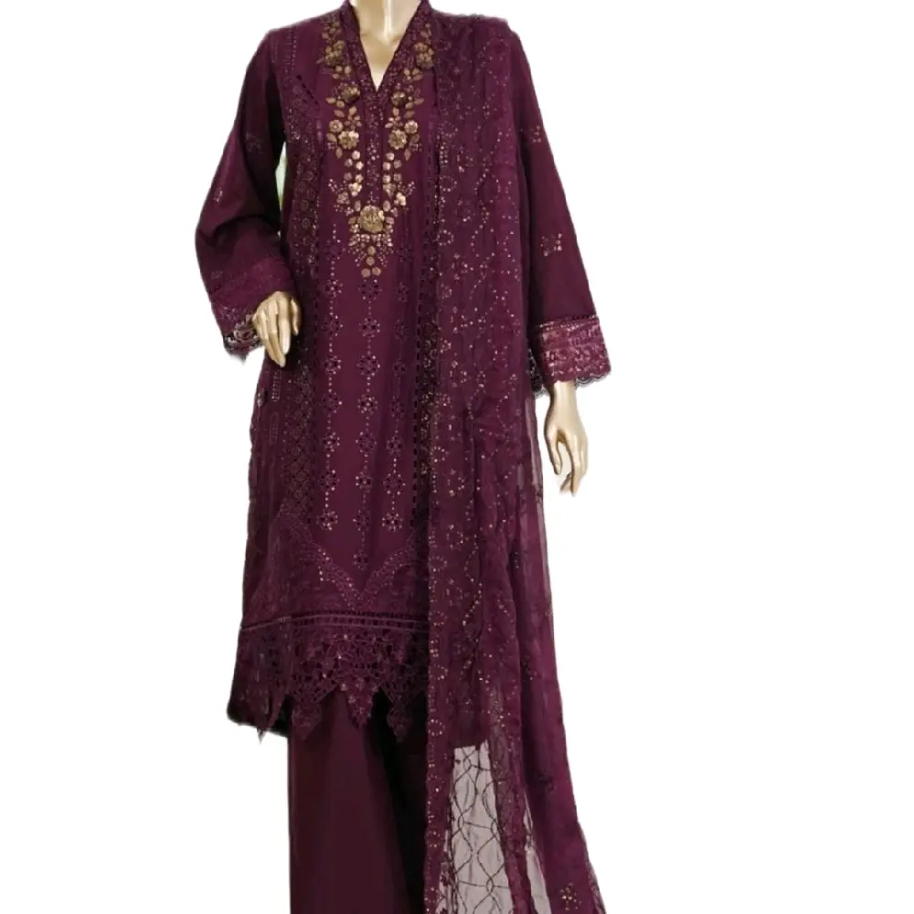 Binsaeed Three Piece Embroidered Lawn Pakistani Suit With Chiffon Dupatta