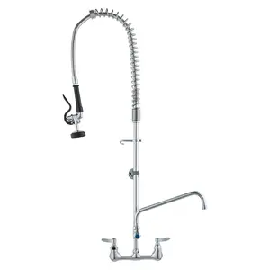 VEVOR Industrial Sink Faucet, 44" Tall, 8" Apart, 12" Rotating Spout, Wall Mounted, Brass Made with Extendable Sprayer, Fits Single/Triple Sinks