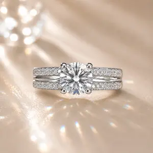 J-006WZ-Women's Luxury Round-Cut Moissanite Bridal Ring Set - Stainless Steel Double-Band Engagement Ring, Sparkling Wedding Jewelry Gift