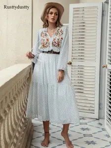 Plus Floral Embroidered Ruffle Hem Shirred Tie Neck A Line Dress, Dress for Women Lady, Boho Fashion Bohemian Bishop Sleeve Long Sleeves Dress for Daily Wear, Casual Wear, Women Plus Clothing, Womenswear Embroidery
