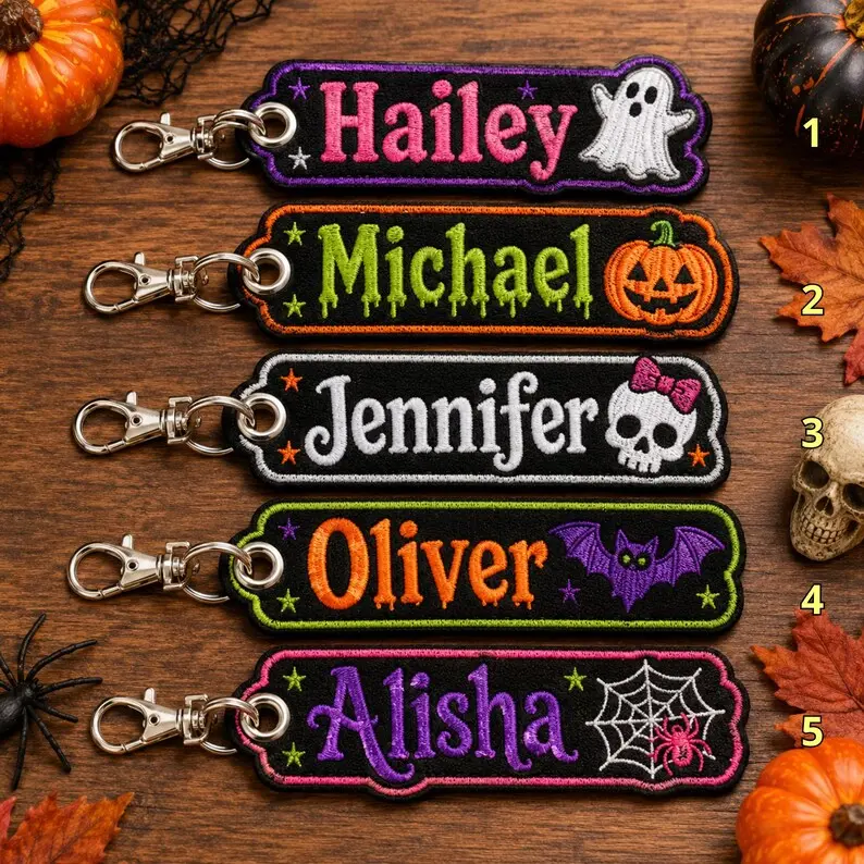 Custom Name Horror Movies Character Halloween Embroidered Patch Keychain, 8x2 inches Pumpkin Spirit Halloween Keychain Gift