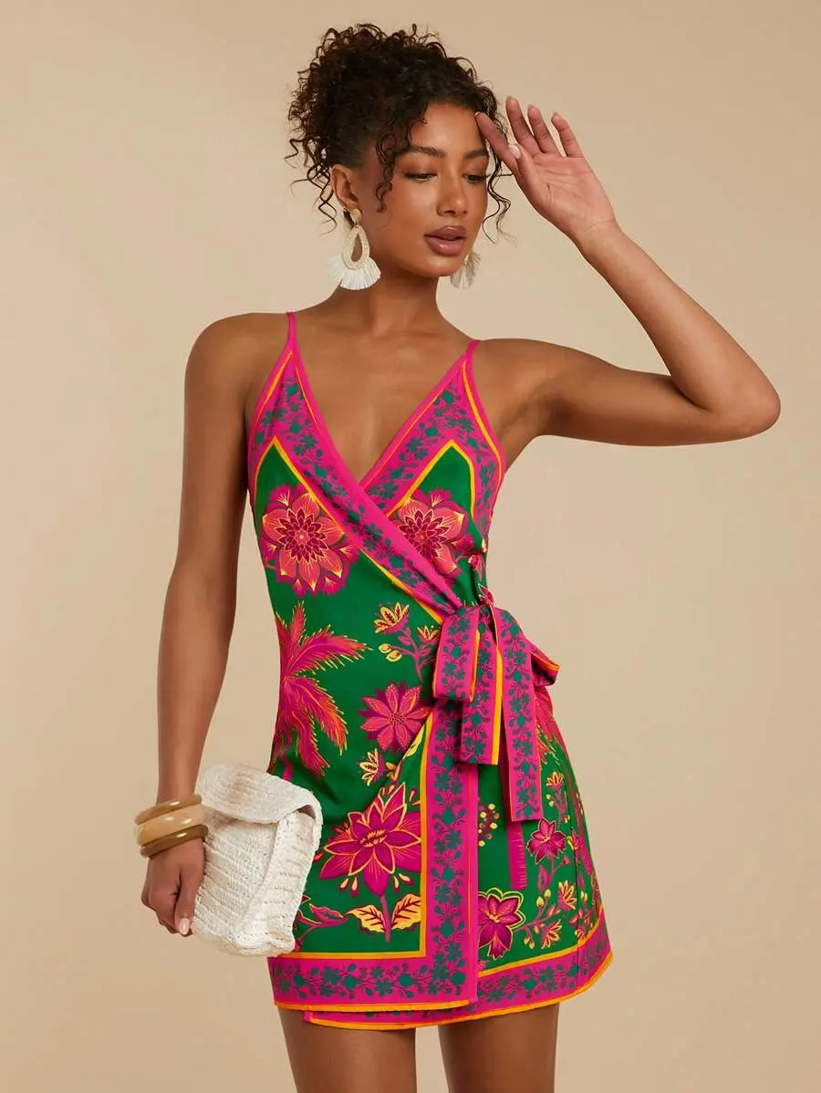 Travachic Women's Green Floral Wrap Tie Mini Dress, Boho Beach Vacation Summer Wedding Guest Dress