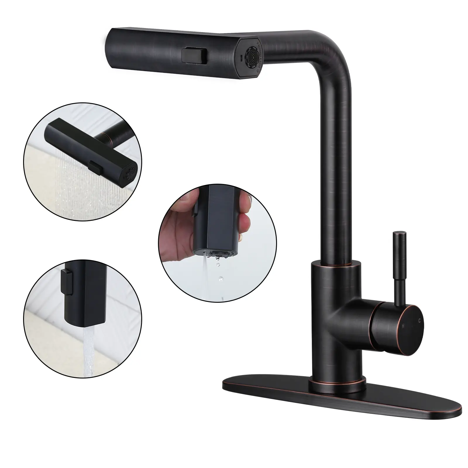 WOWOW Classic Oil Rubbed Bronze Stainless Steel Kitchen Faucet - Single-Handle, 360° Rotation, Ceramic Cartridge, Multi-Mode Waterfall Pull-Out Sprayer with 24-Inch Hose, Stream Function, Durability, French Country & Glam Styles